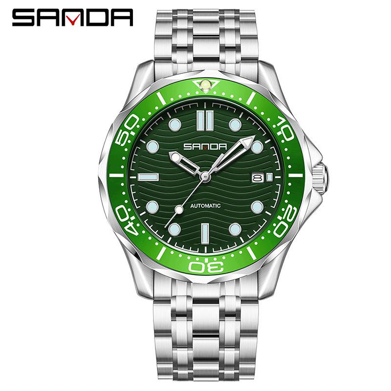 Sanda Men s Waterproof Mechanical Watch with Luminous Bezel, Date Display, and Steel Band