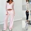 Women's V Neck Cross Front Long Sleeve Top and Wide Leg Pants Set