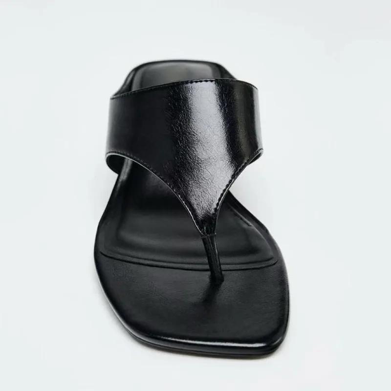Fashion Spring Summer New Mid Heel Sandals Women's Slimming High Heels Flat Head Toe Straps Shoes Comfortable Breathable Slip-On Sandals