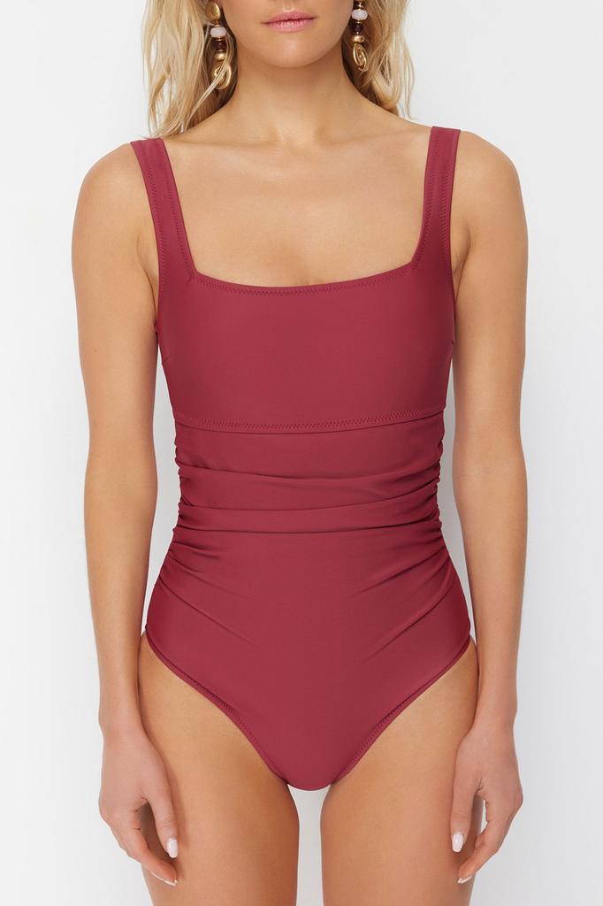 Women's Fashion Claret Red Square Neck Smoothing Regular Swimsuit