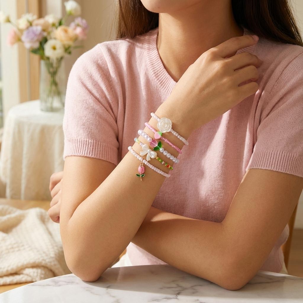 Delicate Floral Beaded Bracelets Set for Women Rose Tulip Charm Imitation Pearl Handmade Bracelets Beach Party Jewelry Gift