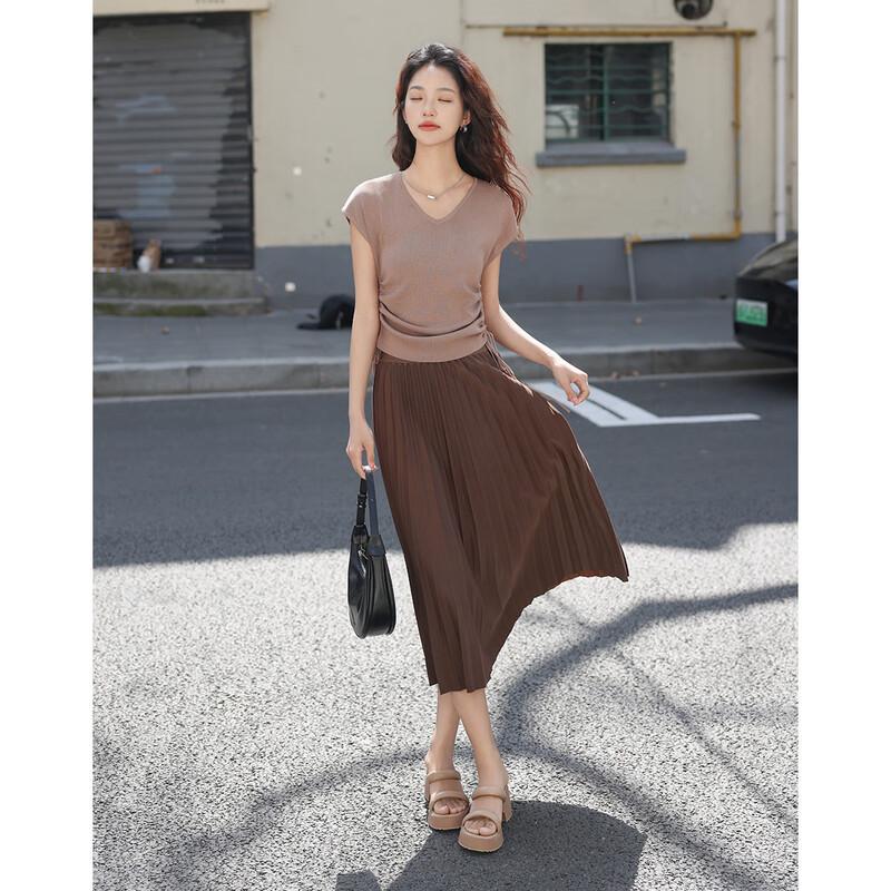 Demana Elastic Waist Pleated Midi Skirt