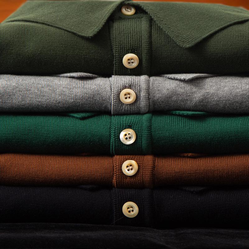 Men's Italian Khaki Knitted Polo Shirt - American Retro Short-Sleeved Cotton Tee for Summer