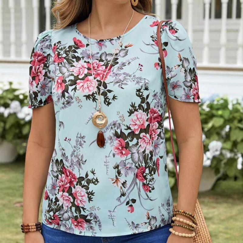 

Повседневная женская рубашка с короткими рукавами и круглым вырезом с цветочным принтом и рукавами-листьями лотоса 6xl