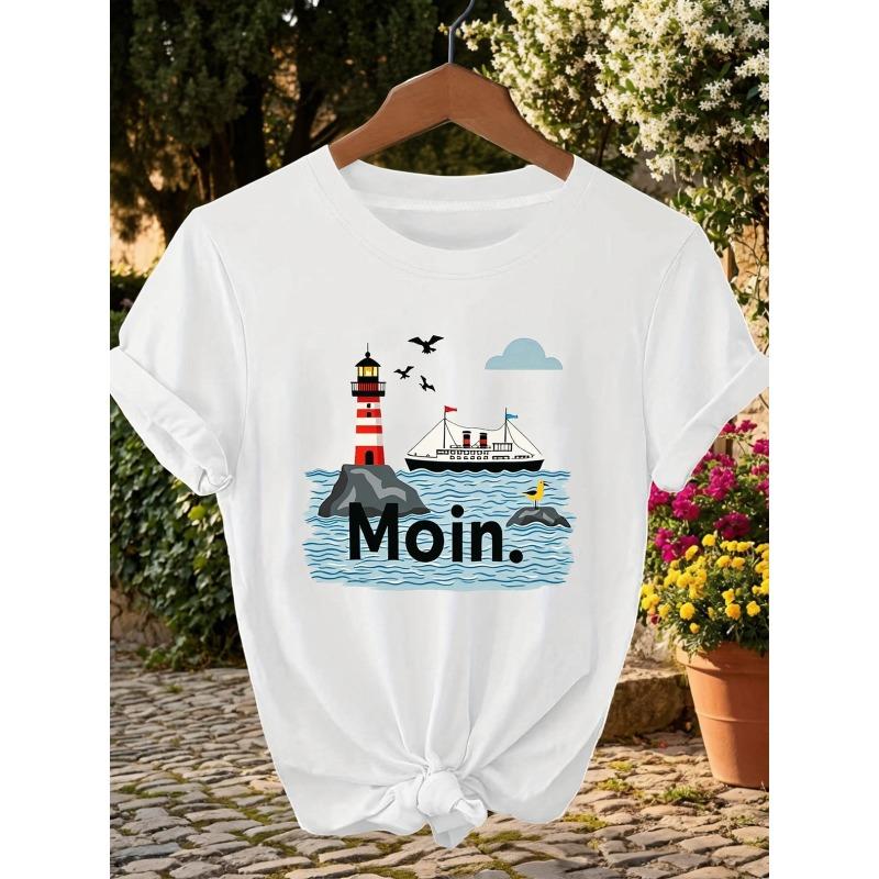 

Moin Graphic Print Plus Size Women s T-shirt, Short Sleeve Crew Neck Casual Top for Summer & Spring, Women s Clothing S белый