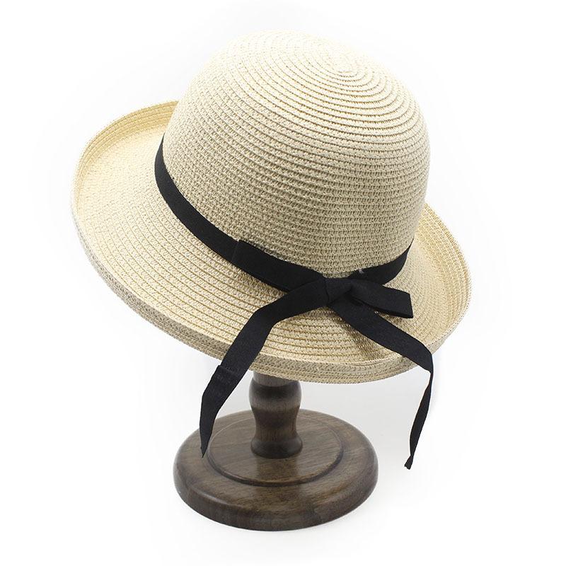 Summer Sunshade Straw Hat Black Silk Belt Bow Rolled Brim Hat Japanese Adult Basin Hat Women'S Sunscreen Folding Sun Hat
