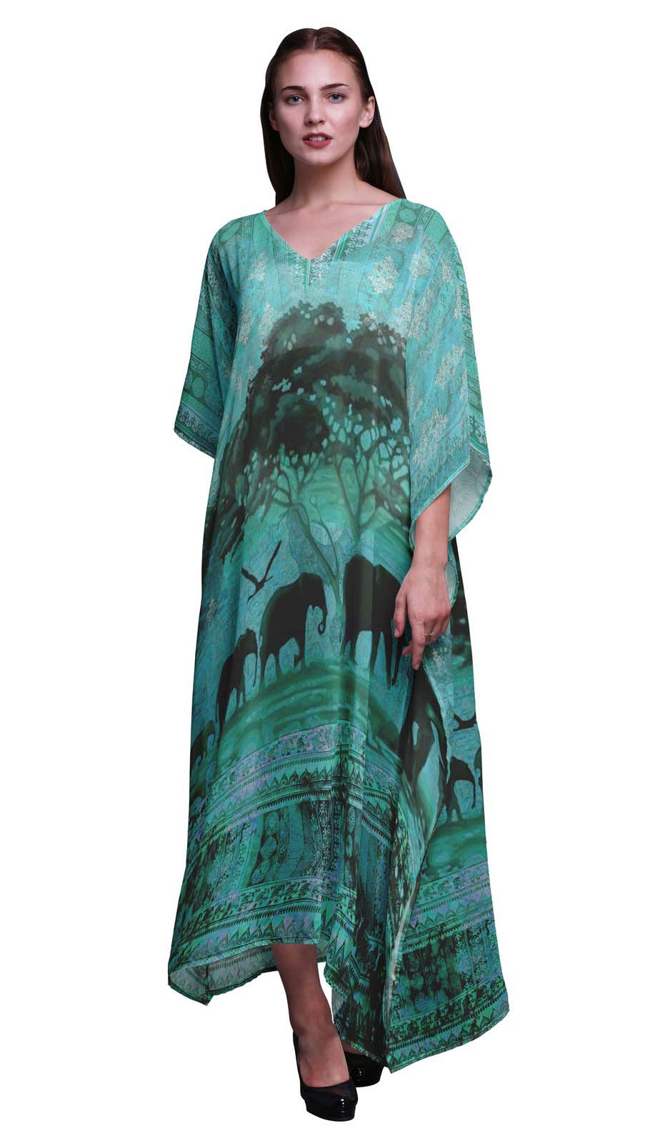 

Phagun Elephant Jungle Long Caftan Maxi Dress Beach Swimwear Cover up Womens XL-3X бірюзові зелений колір