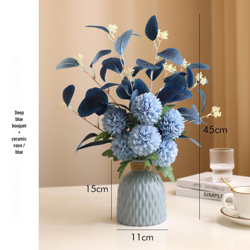 Eucalyptus Ball Chrysanthemum Bouquet in Ceramic Vase - Artificial Dried Flowers for Living Room or Dining Table Decor