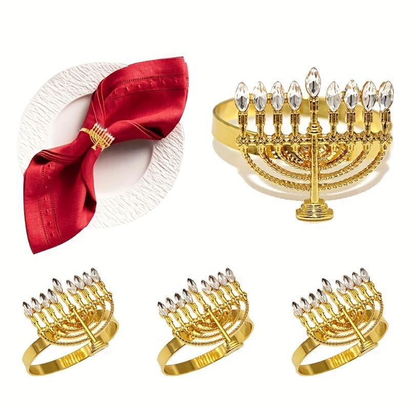 

4pcs/ Set, Elegant Candle Napkin Rings with Rhinestones - Polished Metal, Floral Design for Hanukkah & Dining Decor Pack of 4