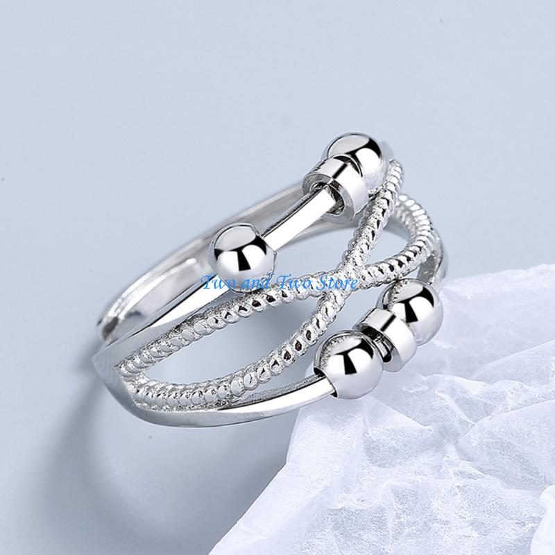 HX6F Double Layer Hollow Line Rotating Ring Spinner Band Rings Anxiety Ring CN