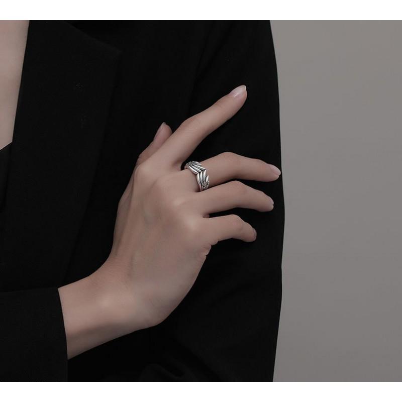Adjustable Open Ring With Angel Wing Motif Sterling Vintage Punk Boho Jewelry Women Men