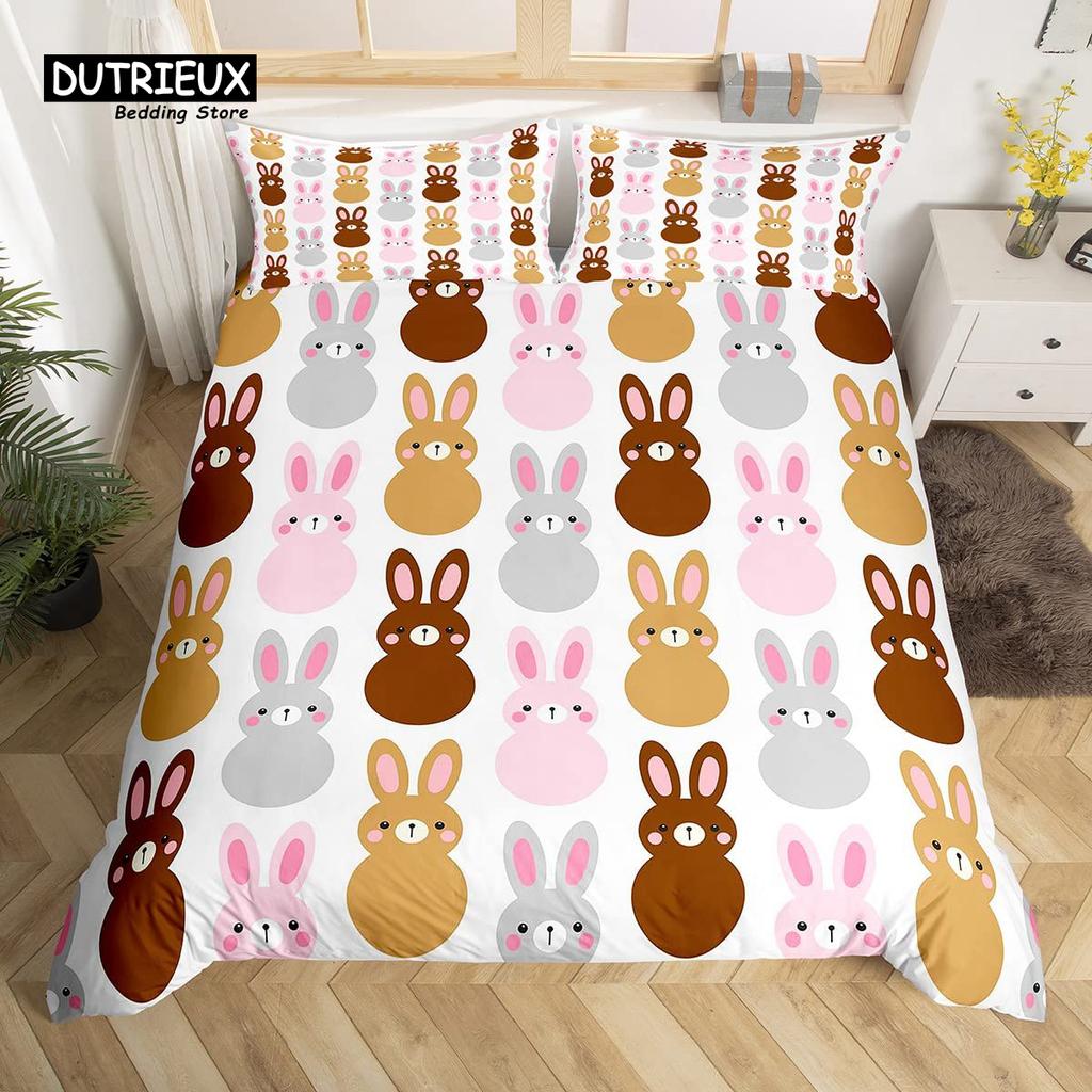 Cute Rabbit Duvet Cover Set Twin Queen Colorful Flower Bedding Set Microfiber Botanical Floral Cartoon Animal Comforter Cover