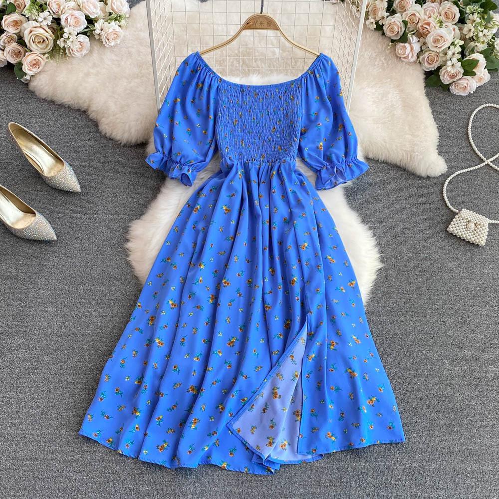 

Летнее женское платье French Gentle Wind Sweet Square Neck Bubble Short Sleeve Thin Open A Word Dress One size синий
