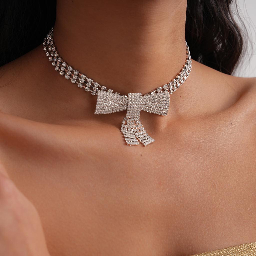 European and American light luxury style full diamond bow geometric neck chain short choker necklace necklace