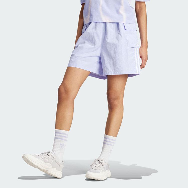 Adidas Originals Adicolor Striped Print Logo Mid-Waist Loose Cargo Shorts Women Bottoms Light-Purple JH1075