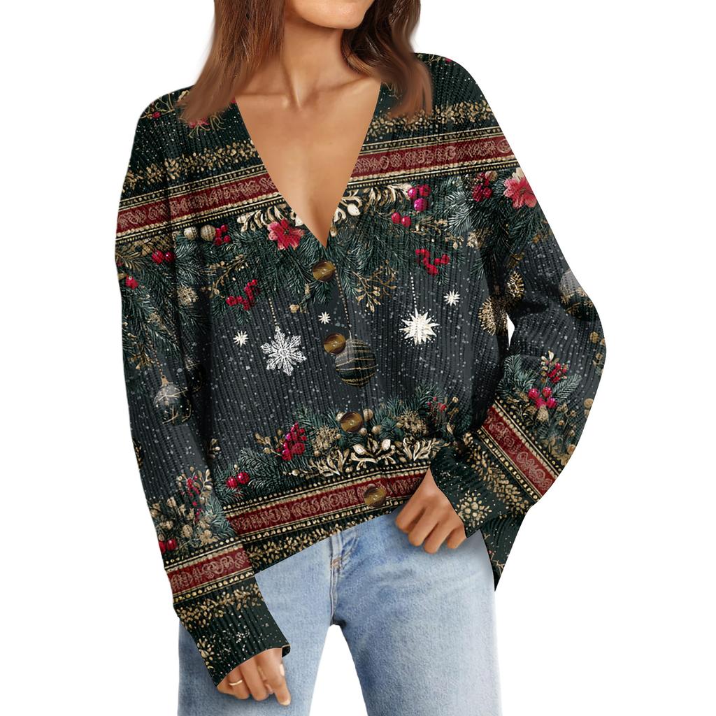Women's Fashion Long Sleeve Print V-Neck Button Loose Cardigan Top