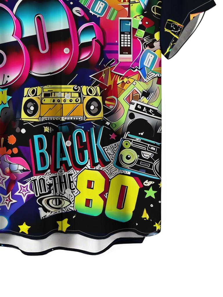 Men's Hawaiian Shirt with 80s Vintage Graffiti Style Poster Print, Colorful Patterns and Text, Casual Button-Up Short Sleeve Top
