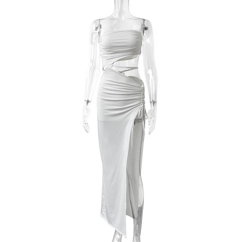 

Western Style Ins New Fashion Oblique Collar Sling Hollow out Long dress Sexy Backless Lace-up Split Dress Women White S
