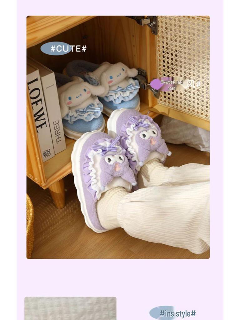 Official Hello Kitty Kuromi Women's Cotton Slippers - Autumn/Winter 2025 Cute Cartoon Plush