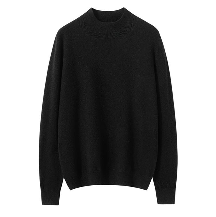 100% Cashmere High Neck Knitwear: Solid Color Loose Pullover