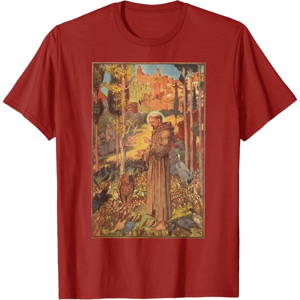 T-shirt Grafica San Francesco d'Assisi che Predica agli Uccelli Uomo Casual Girocollo Stampa Maglietta