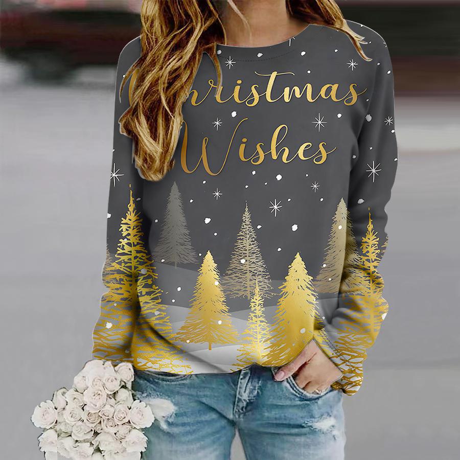 Tops For Women Christmas Tree Snowflakes Print Round Neck Long Sleeve T-shirt Fall Casual Slim Pullover Women's Long Sleeve Top