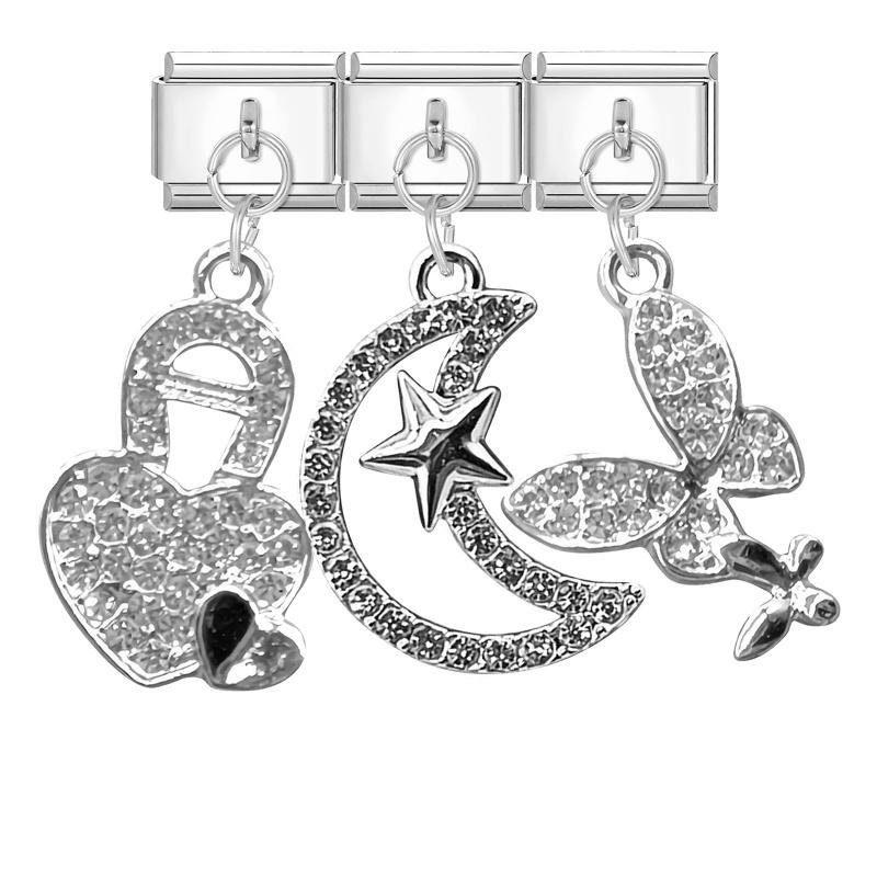 3PCS Brilliant Butterfly Dog Rabbit Shell Tulip Moon Y2K Pendant Charm Links Fit 9mm Stainless Steel Bracelet DIY Making Gift