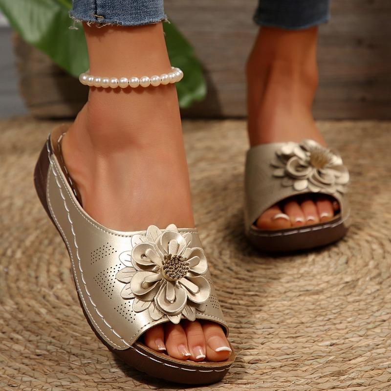 Women’s Floral Open-Toe Wedge Sandals, Large Size Summer Slip-On Slides