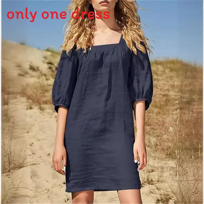 Cotton Linen French Collar Short Sleeve Dress For Casual Office Wear