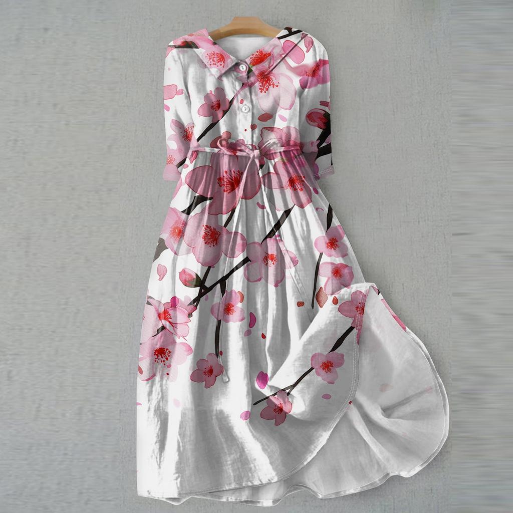 Modisches Kleid für Damen mit bedrucktem Umlegekragen und Knopfleiste, 3/4-Ärmeln und Trägern