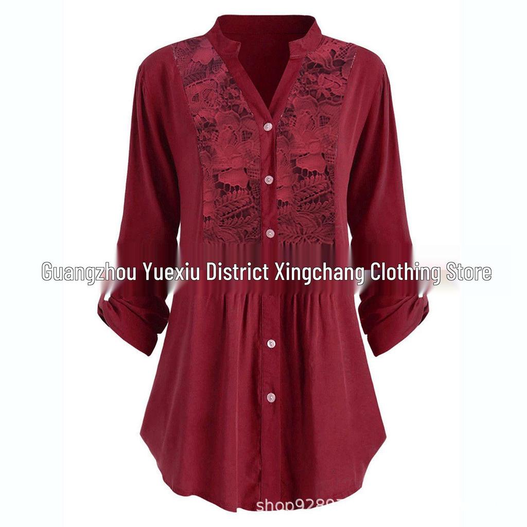 2024 Trendy Jednobarevná Dámská Blůza s Dlouhým Rukávem s Rayonovou Krajkou