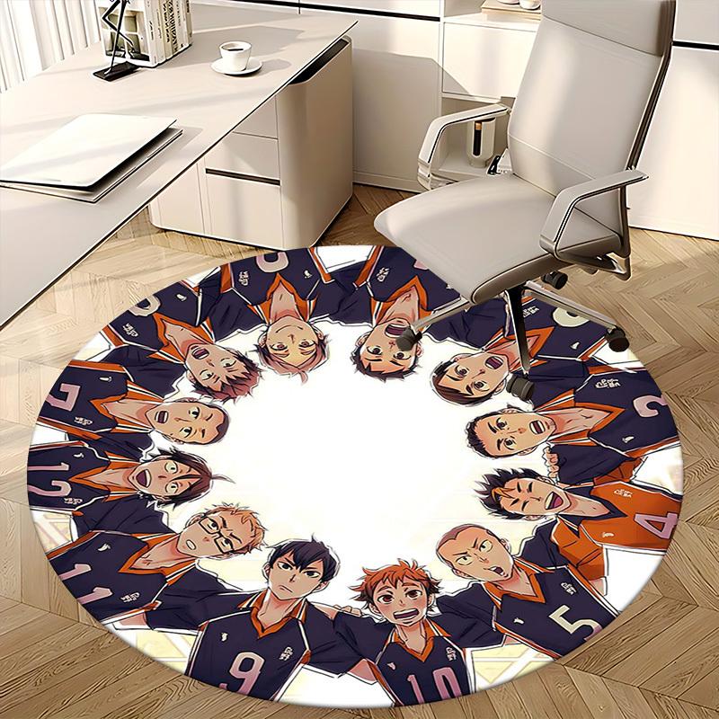 1pc Anime Volleyball Team Round Carpet  Office Chair Mat, NonSlip Rug with Haikyuu Characters for Anime Lovers