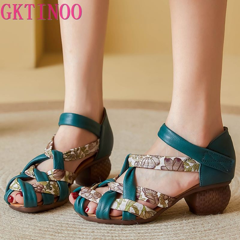 Fashion GKTINOO Women Summer Shoes Mid Heel Hollow Out Casual Sandals Retro Ladies Pumps Genuine Leather Buckle Straps Female Sandals