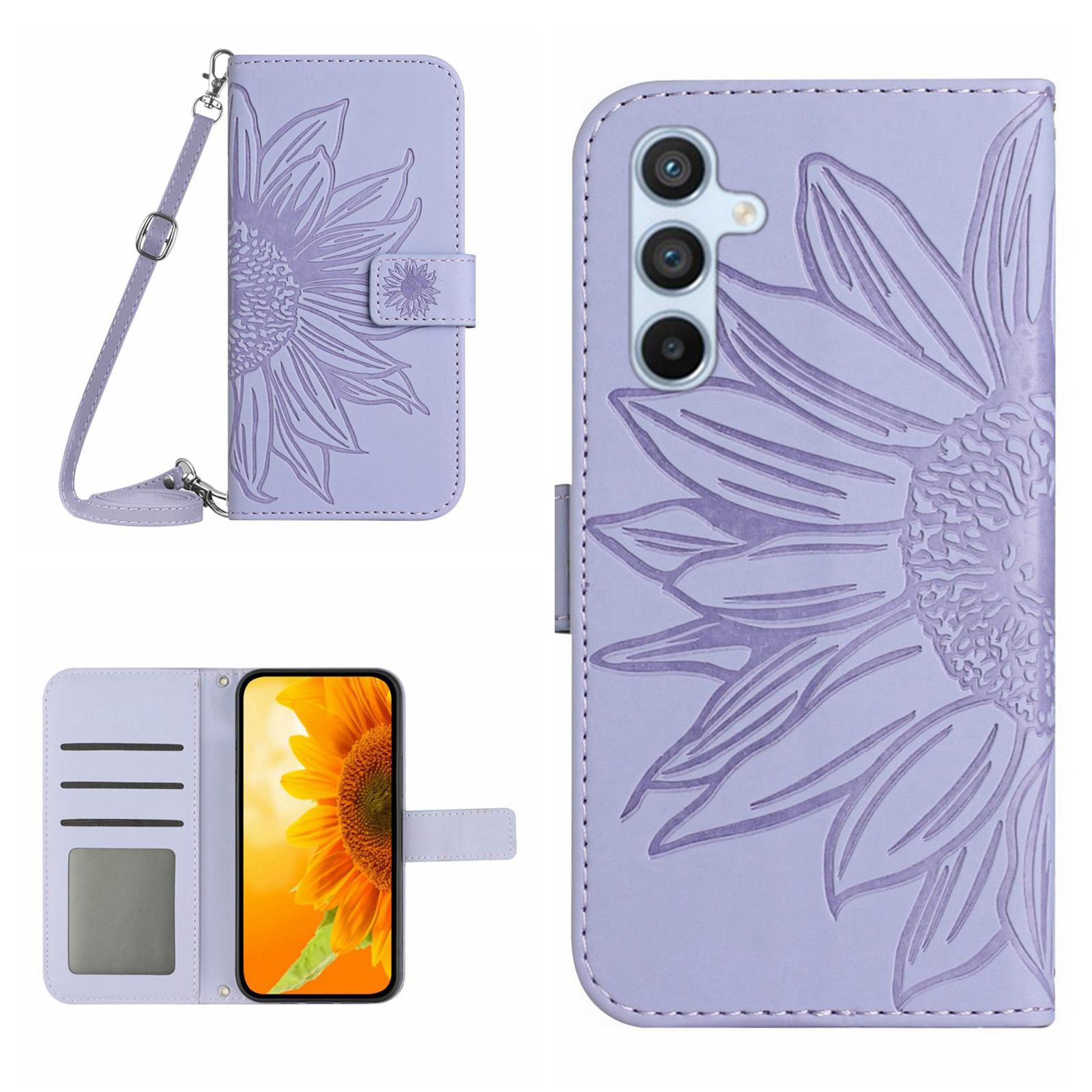 

HT04 For Samsung Galaxy S24 FE Case Sunflower Leather Flip Phone Cover with Shoulder Strap Light Purple