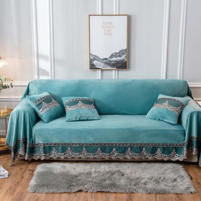Winter Sofa Protector 1/2/3/4 Seater Plush Couch Cover Vintage Lace Sofa Slipcover Velvet Sofa Cover Stain-Proof Furniture Protector Pet Kids