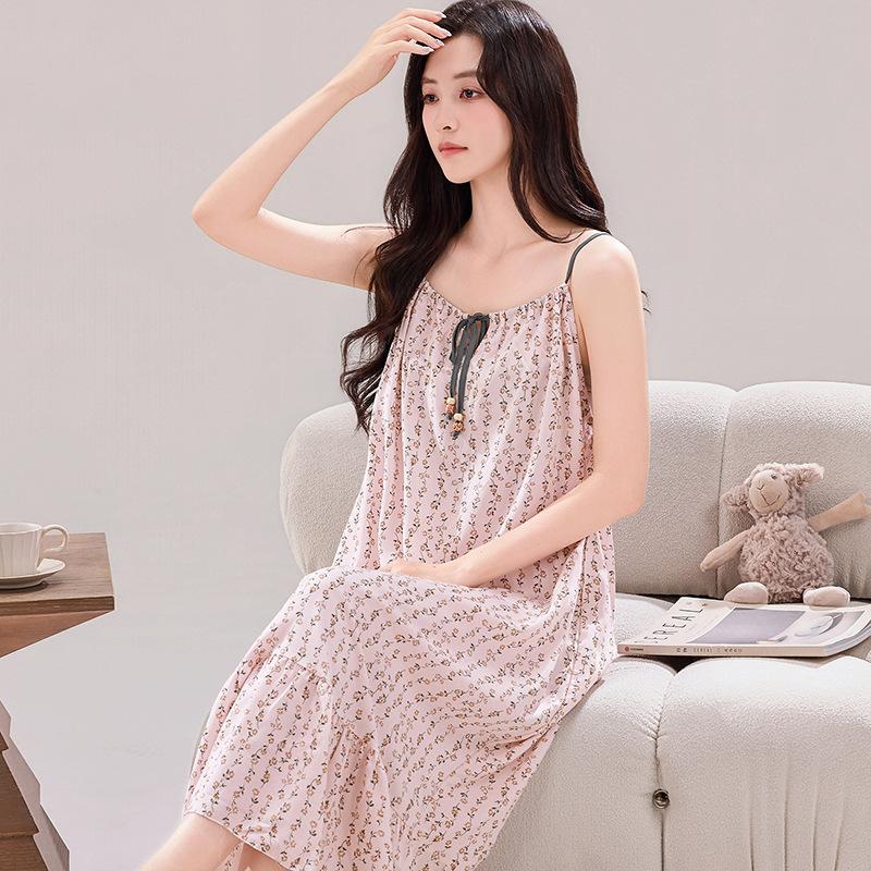 Gentle Wind Gradual Change Tie-dye Cotton and Silk Suspender Nightdress Ruffle Edge Hem Loose Pajama Skirt Women Large Size Home Skirt