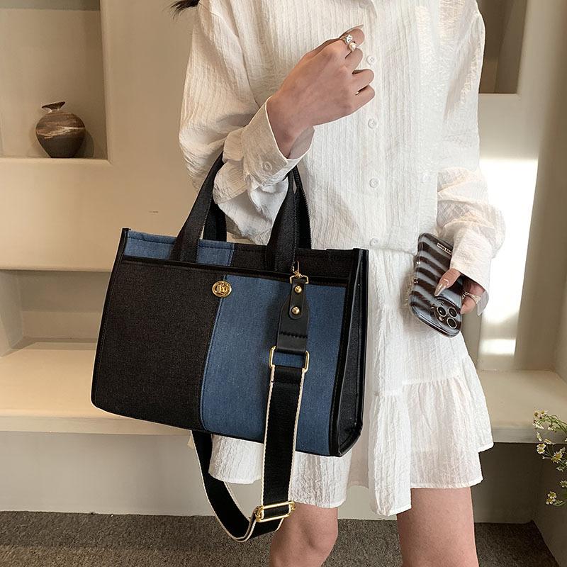 Large capacity denim handbag women's new fashion contrasting color shoulder messenger bag broadband commuter trendy tote bag