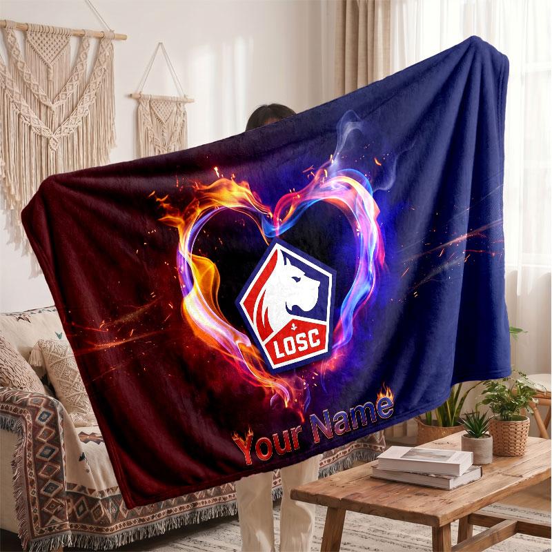 LOSC Lille FC Personalized Fleece Blanket With Football Logo, Custom Name Text Soft Warm Home Throw Blanket