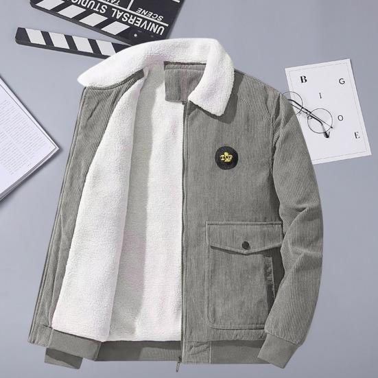 Giacca da uomo con risvolto, manica lunga, fodera in peluche, tasche con patta, chiusura lampo completa, tinta unita, caldo, in velluto a coste
