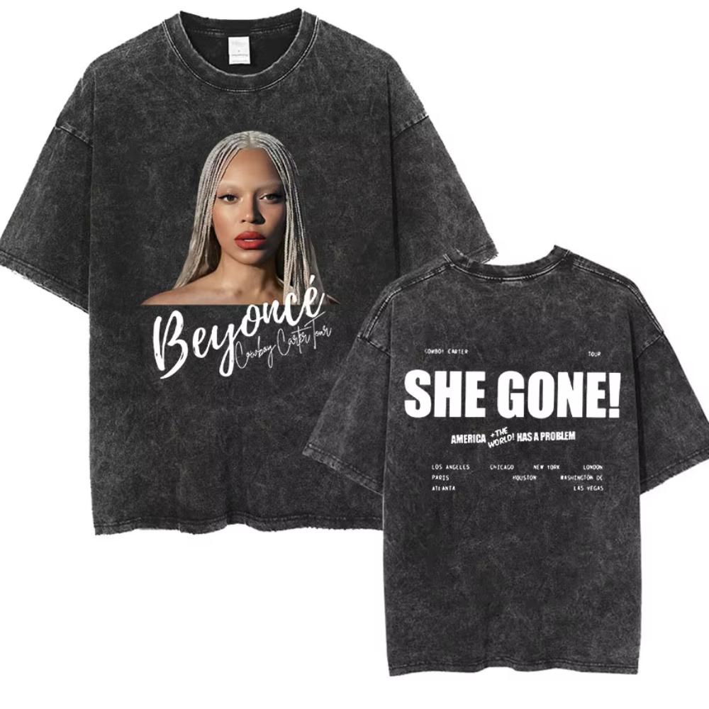 Cowboy Carter Beyonce Tour Vintage Washed T Shirts Men Women Hip Hop Harajuku Oversized Tshirt Summer Clothing Cotton Tees
