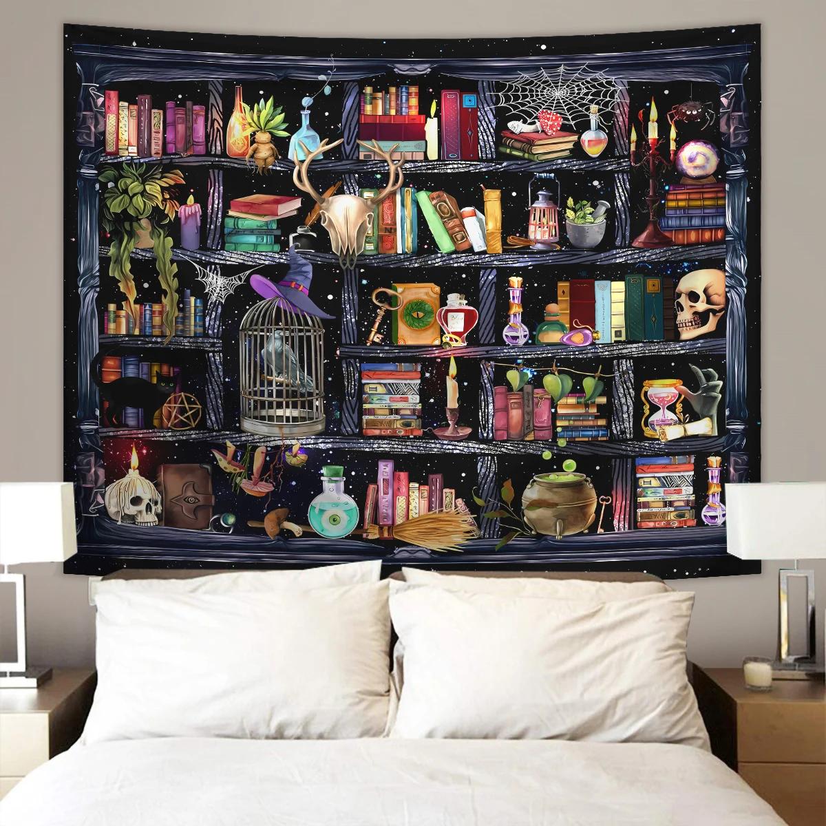 VIKAMA Witchcraft Bookshelf Tapestry Mystical Dark Magic Wall Hanging For Living Room Bedroom Guesthouse Decor Occult Fabric Art 74x94cm(29x37in)