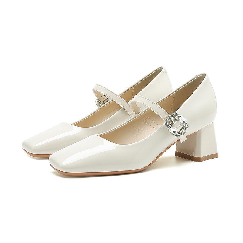 9-One-word bag head thick heel single shoes women's square head rhinestone high heels student dress professional commuter women's shoes