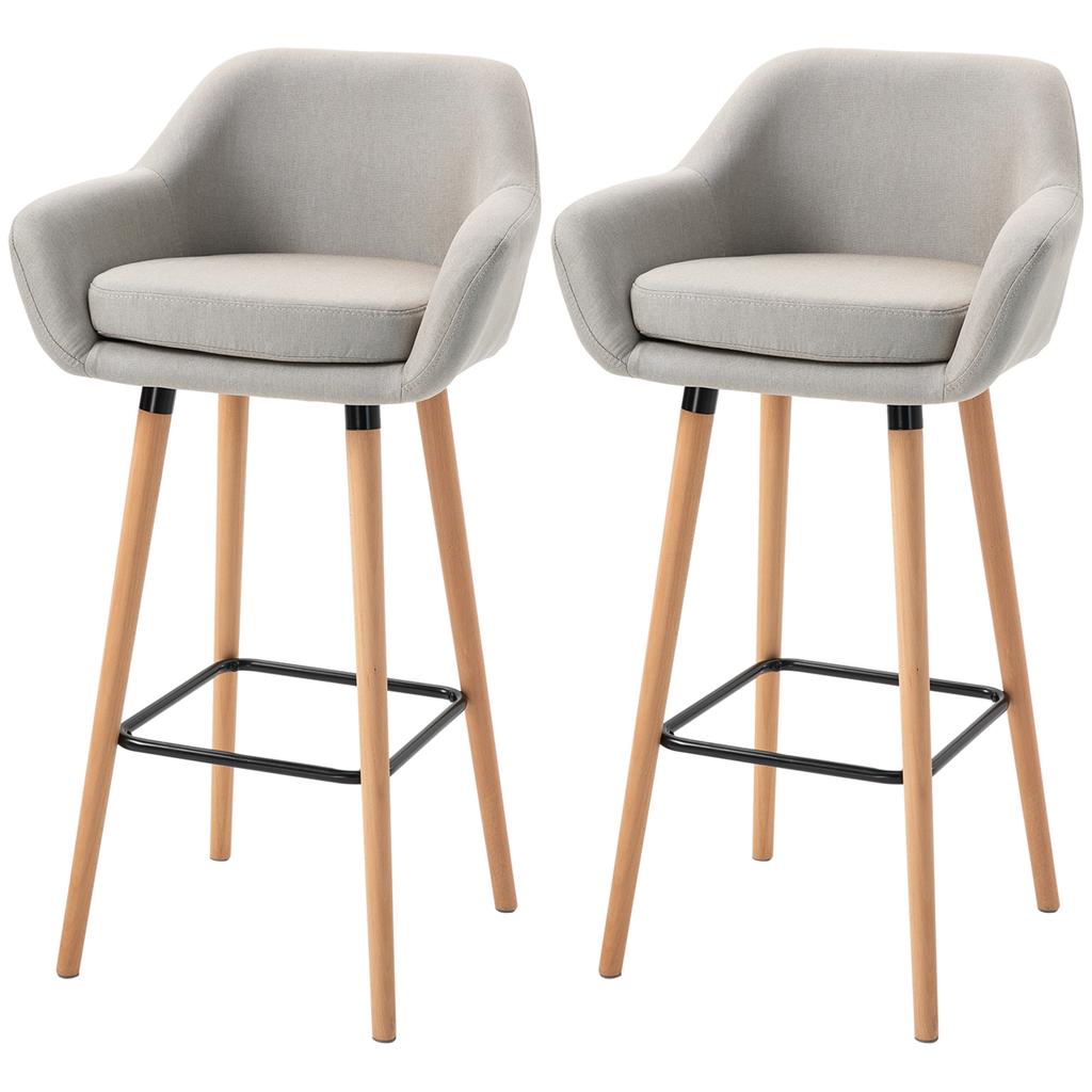 Set of 2 Bar Stools Modern Upholstered Seat Bar Chairs W/ Metal Frame, Solid Wood Legs Living Room Dining Room Fabric Furniture - Beige