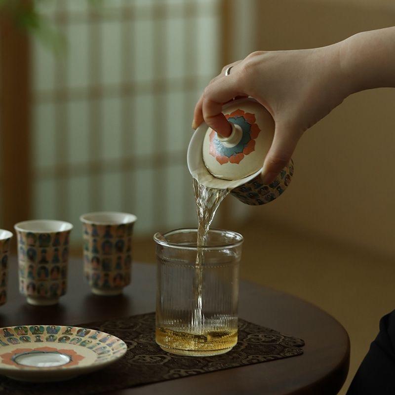 Ceramic San Cai Covered Bowl Hand-painted Thousand Buddha Tea Cup Kung Fu Tea Set Brewing Bowl Tea Cups