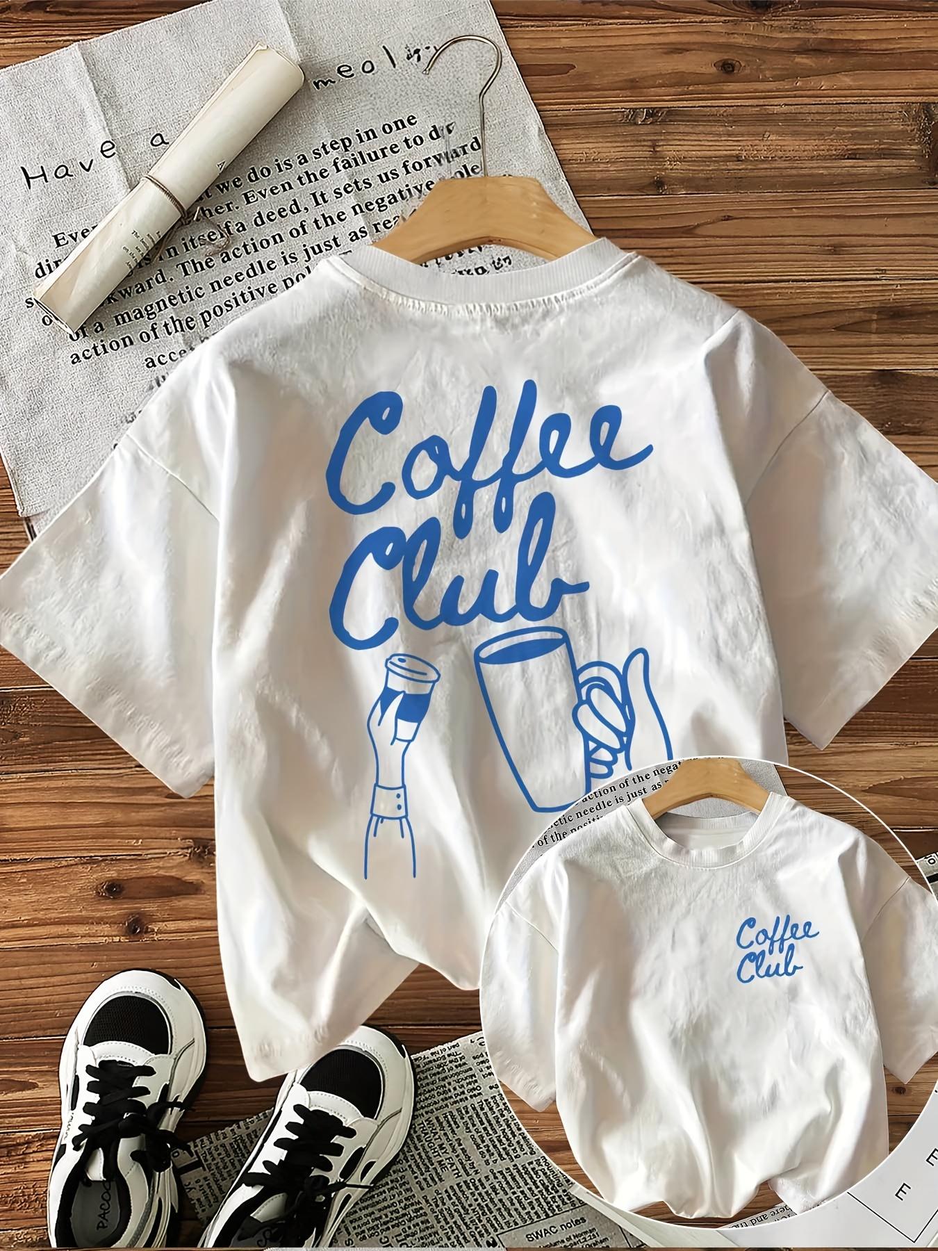 

Womens Casual Short Sleeve Crew Neck TShirt Coffee Club Graphic Print with Blue Lettering Coffee Cup Design Aesthetic Clothes S