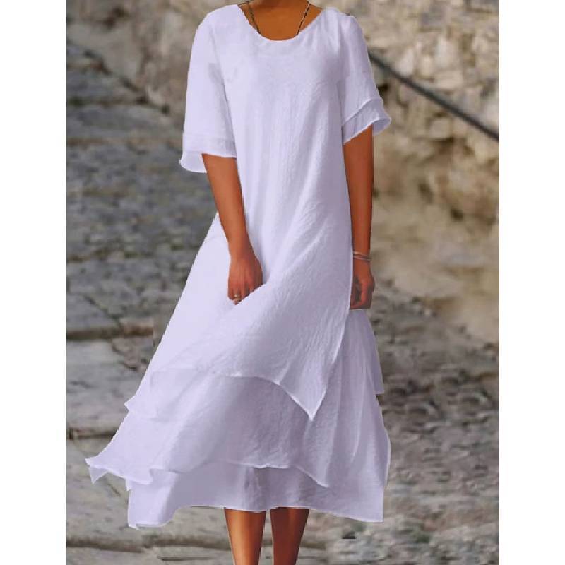 Vestido de Verano de Algodón y Lino de Doble Capa con Bloques de Color y Manga Corta de Cuello Redondo para Uso Casual
