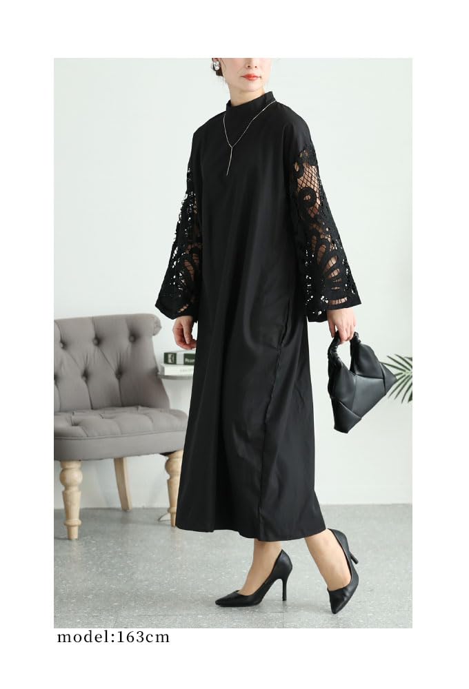 Sawa la mode A dress with lace and fashionable long Free á - stylish, one-piece sleeves. Women's dress, length, lace, mode-9295, Size, Black.