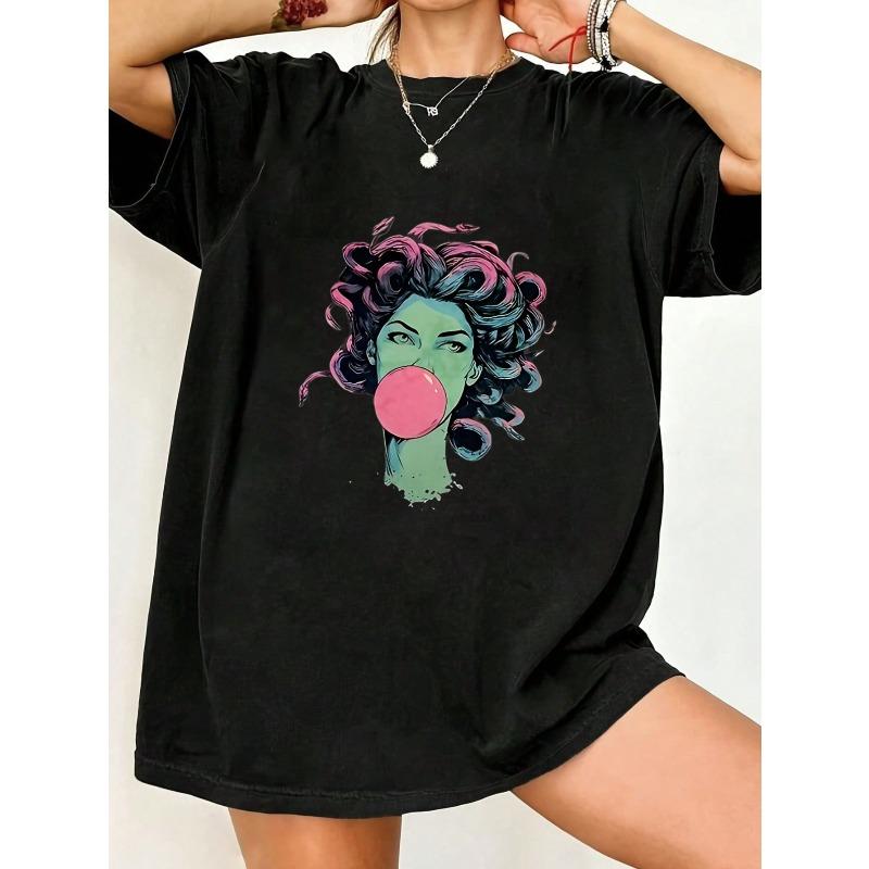 

Oversized T Shirt Black Women Blowing Bubblegum Graphic Print Casual Streetwear Summer Top Fashion Statement Piece S