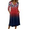 Women Casual 3/4 Sleeve Button Front Mid-Length Dress with Patriotic Star and Stripe Print for Daily Wear and Special Occasions