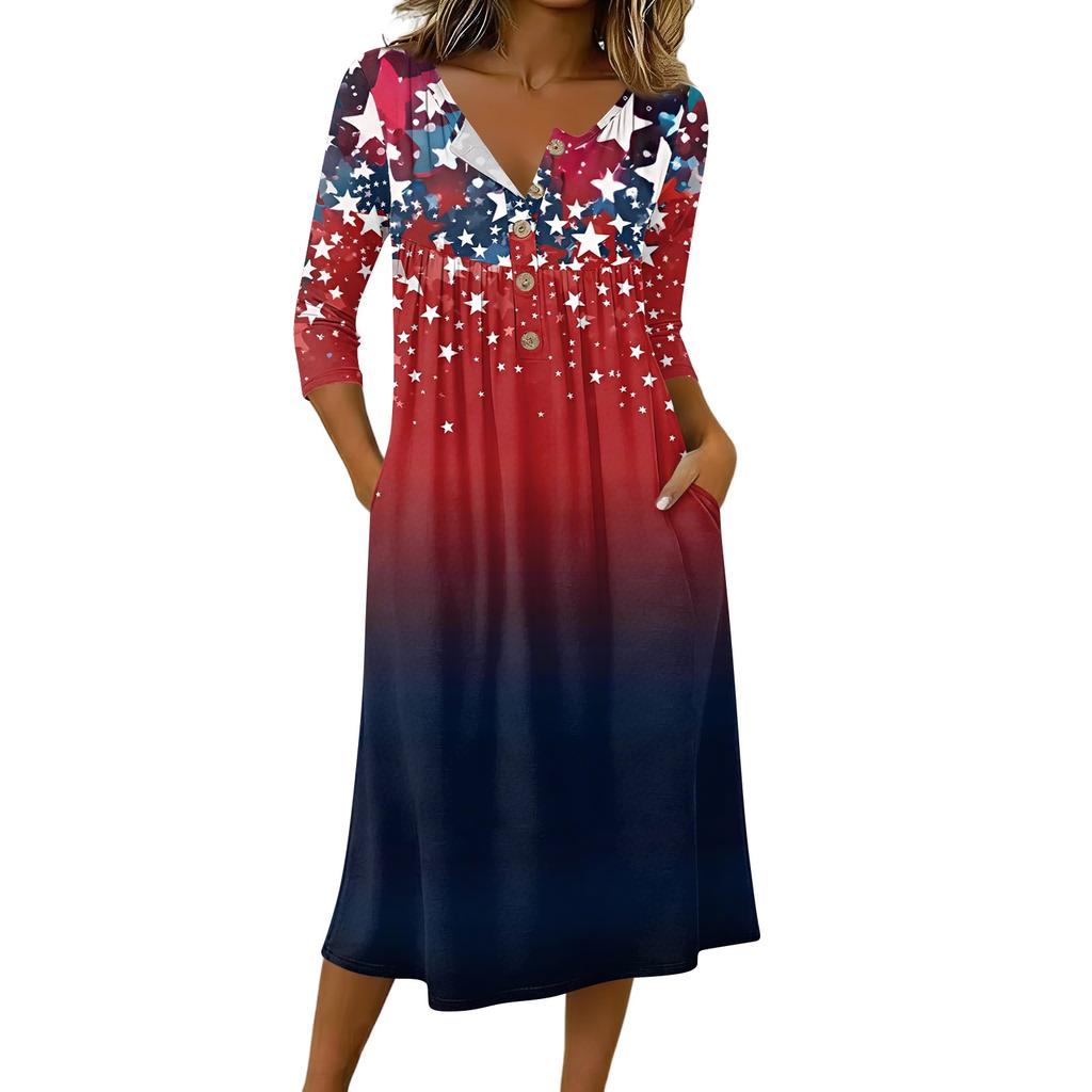 Women Casual 3/4 Sleeve Button Front Mid-Length Dress with Patriotic Star and Stripe Print for Daily Wear and Special Occasions
